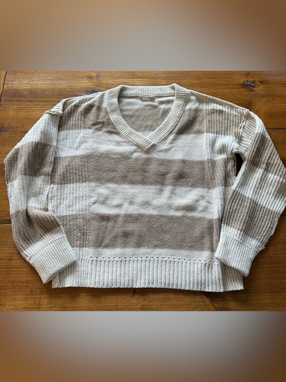 V-Neck Striped Sweater in Beige and Cream
